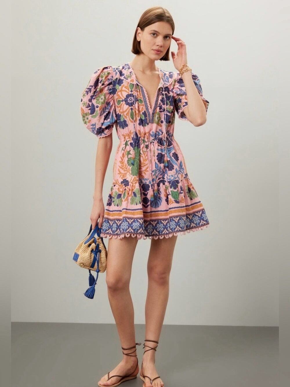 Farm Rio Seashell Tapestry Pink & Blue Swiss Dot Floral Mini Dress M